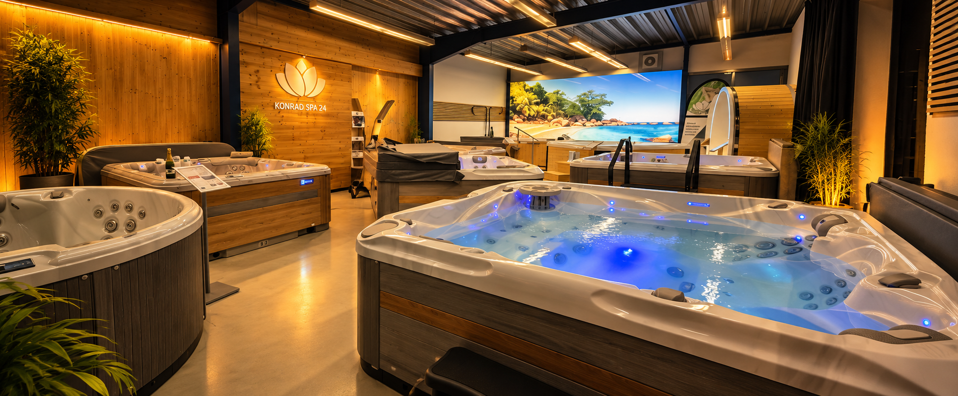 Wellness-Ausstellung von Konrad Spa 24 mit Whirlpools und Saunen