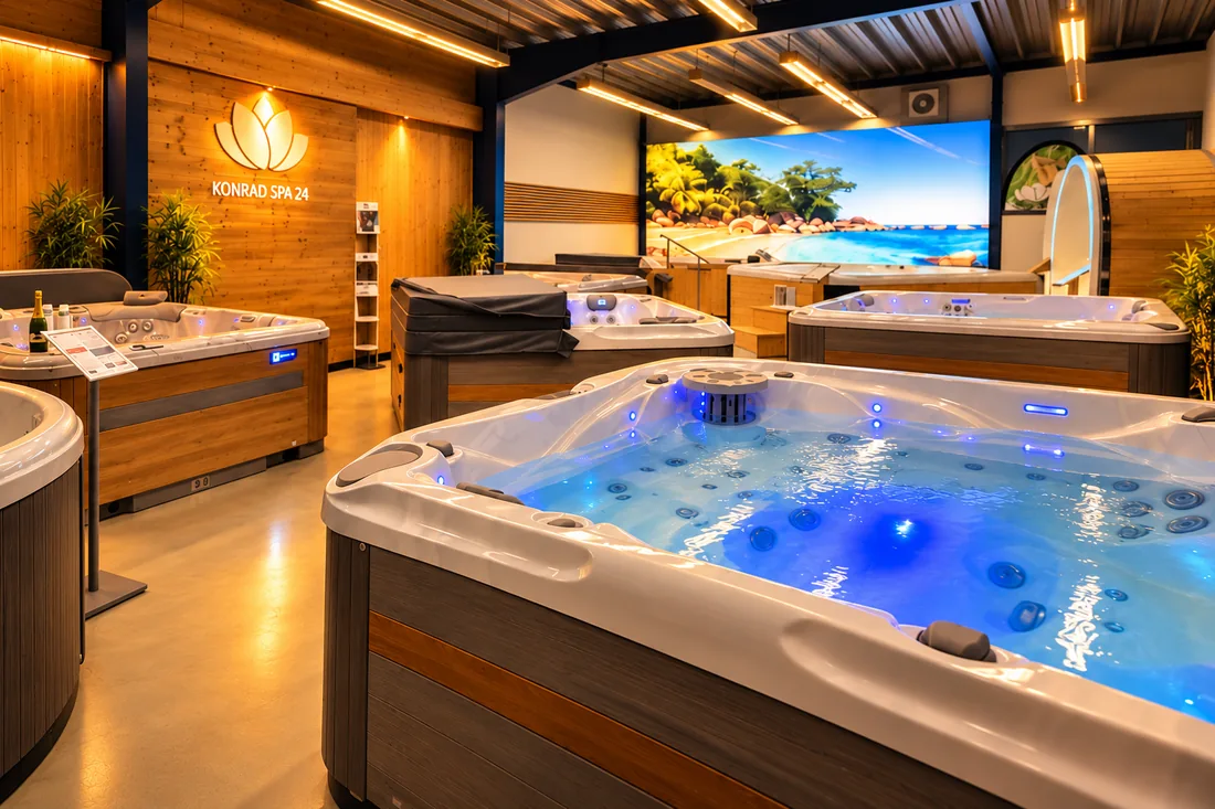 Wellness-Ausstellung von Konrad Spa 24 mit Whirlpools und Saunen