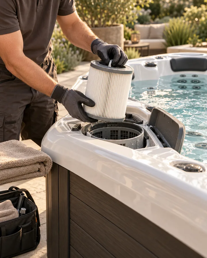 Illustration: Filterwartung an einem Outdoor-Whirlpool